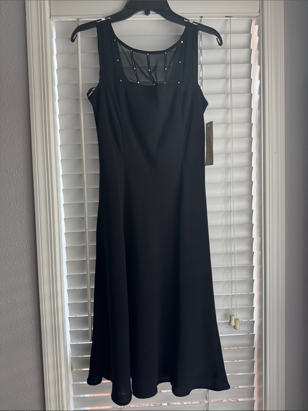 Evan Picone Black Sleeveless Midi Dress with Sheer Studded Yoke